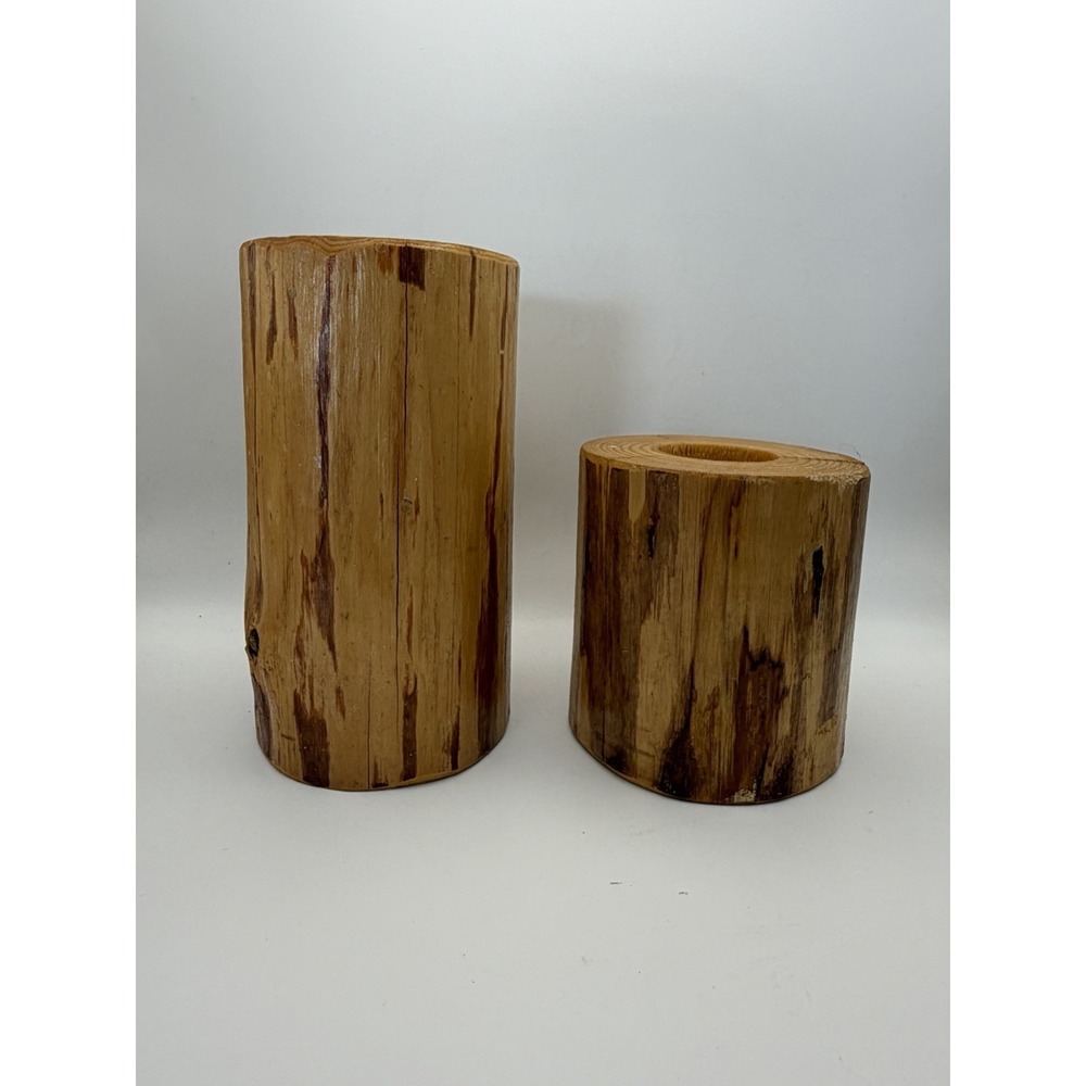 2-PC Carved Wooden Log Tea Light Candle Holders 4"‎ & 6"